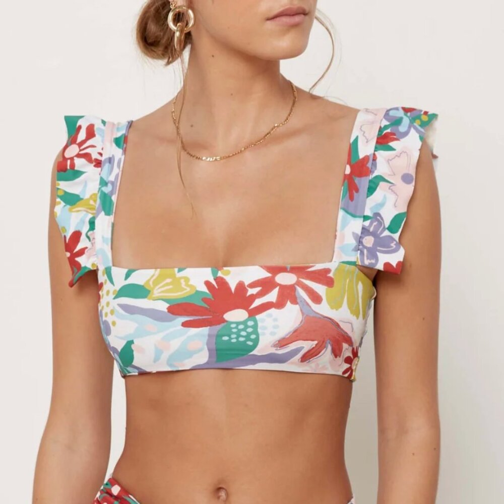 Aila Blue Top bordeaux floral ruffle bikini womens (small) swim colorful beach